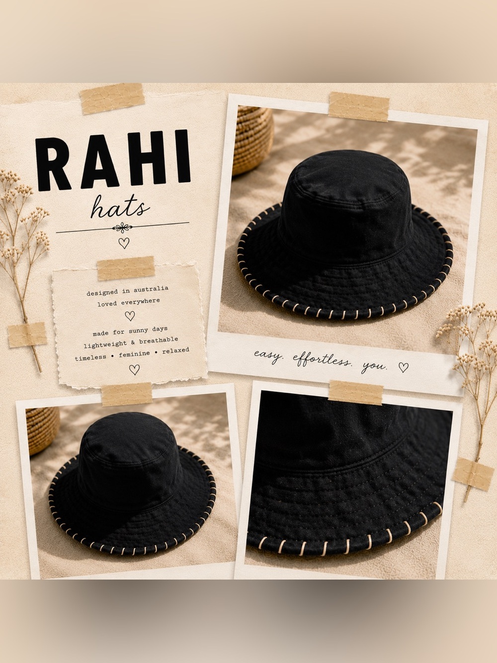 Free People&RAHI Black Women's Bucket Hat with Contrast Stitching